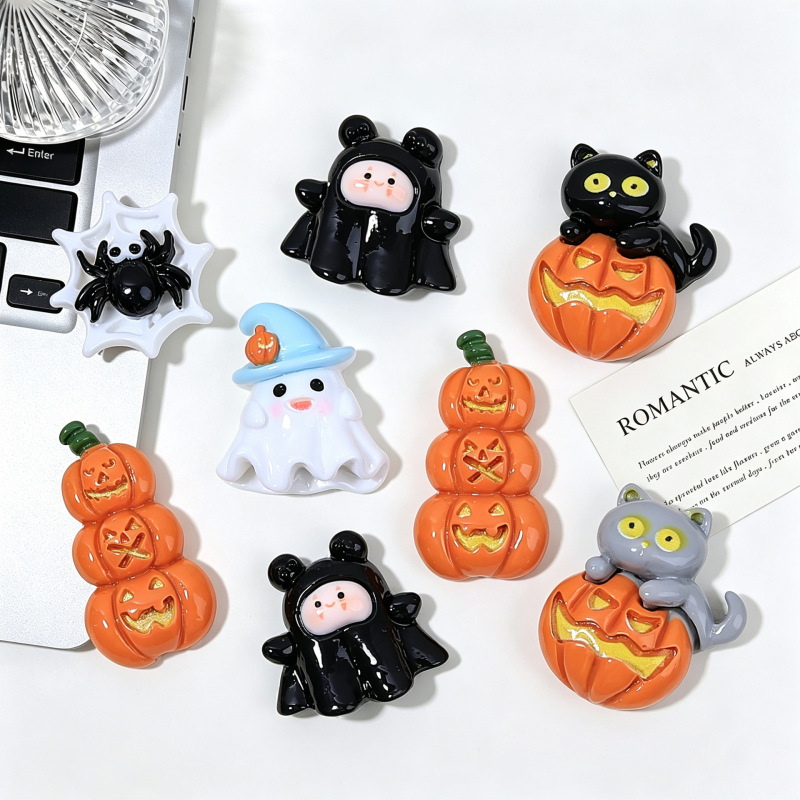 Halloween Little Black Cat Trick-Or-Treating Pumpkin Resin Accessories Ghost Spider DIY Cream Glue Hairpin Keychain Accessories