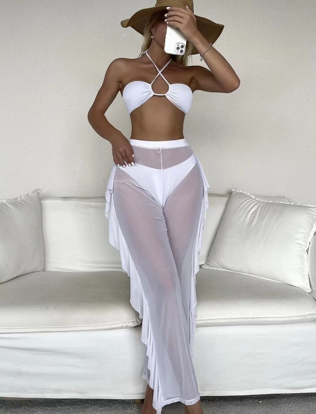 hanging neck wrap chest high waist ruffle solid color see-through bikini three-piece set NSCSY123264