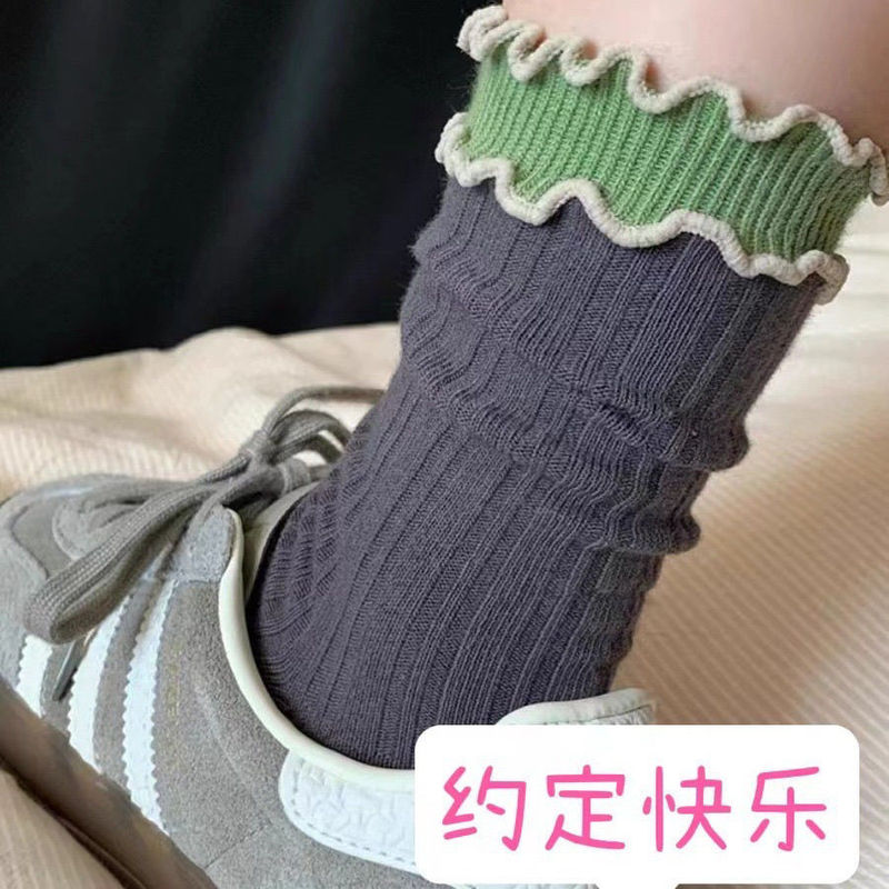 撞色木耳边袜子女日系复古甜美拼色双层罗口纯棉卷边中筒袜百搭|undefined