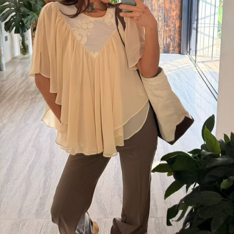 2026 Spring New Style Retro Lace Splicing Ruffled Cape-Style Shirt for Women, Elegant Chiffon Top