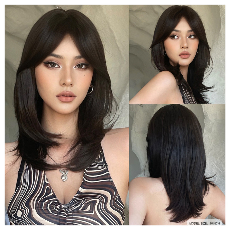 European and American cross-border hot wig eight-word bangs black brown long straight hair high temperature chemical fiber silk manufacturer in stock wigs European and American cross-border hot wig eight-word bangs black brown long straight hair high temperature chemical fiber silk manufacturer in stock wigs