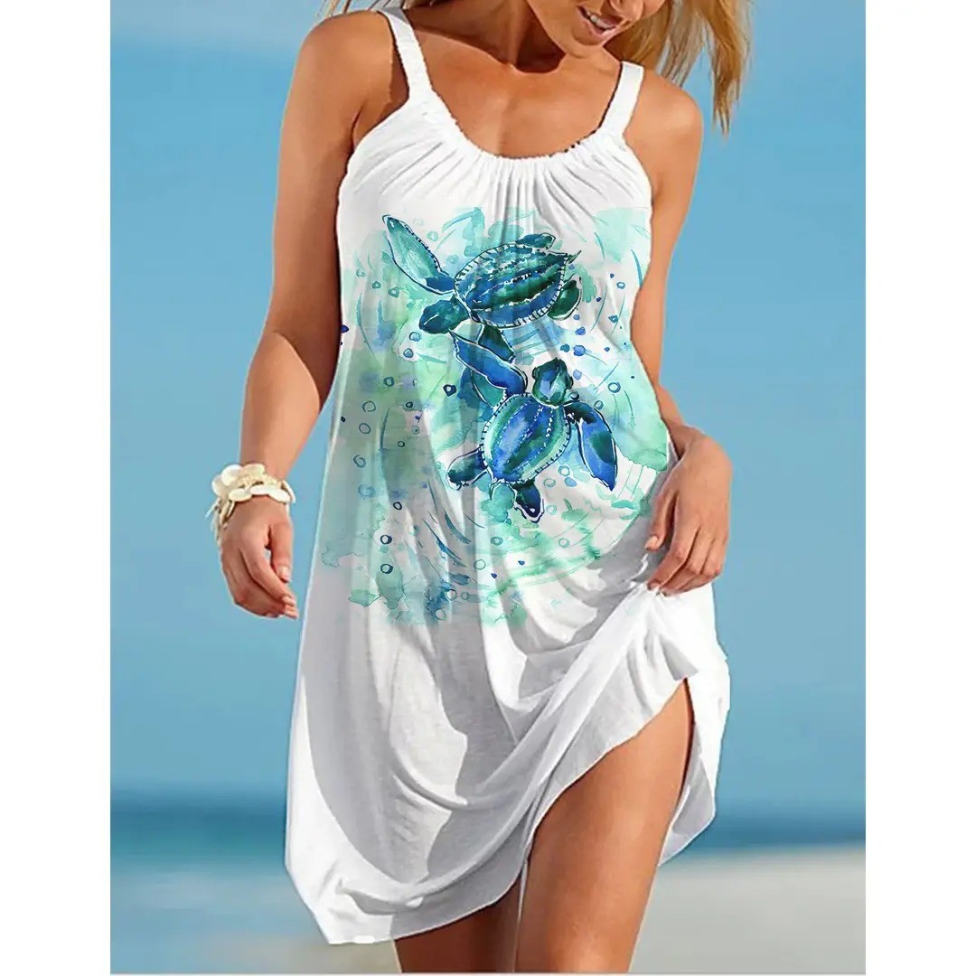 2022欧美速卖通夏季海边清凉海底动物乌龟卡通数码印花吊带吊带裙|ru