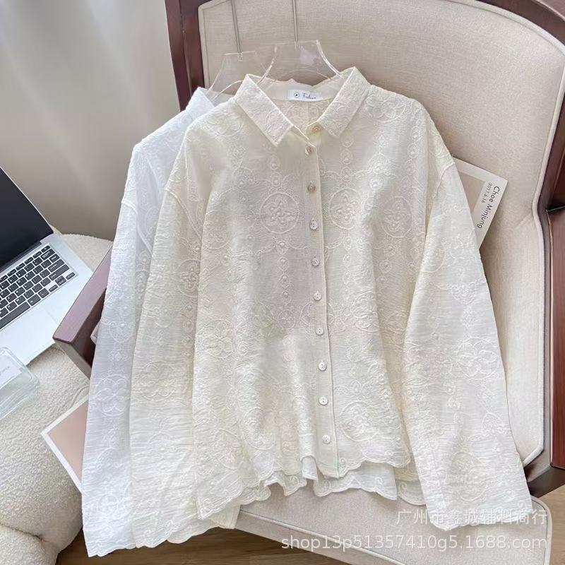 French High-end Lace Stitching Shirt Women's Sweet and Gentle Style Heavy Industry Embroidery Hollow Slim Elegant Trendy Top