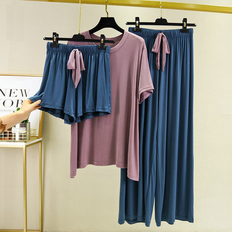 Summer Color-Block Modal Short-Sleeve Long Pants Loose Plus-Size Oversized Pajama Loungewear Set Casual Dance Outfit Summer Color-Block Modal Short-Sleeve Long Pants Loose Plus-Size Oversized Pajama Loungewear Set Casual Dance Outfit