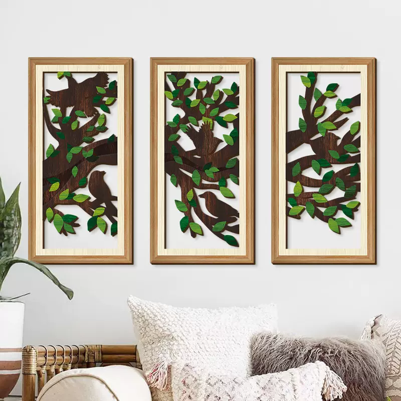 跨境绿植枝叶镂空木质挂牌墙面装饰挂件壁挂田园风卧室客厅壁饰