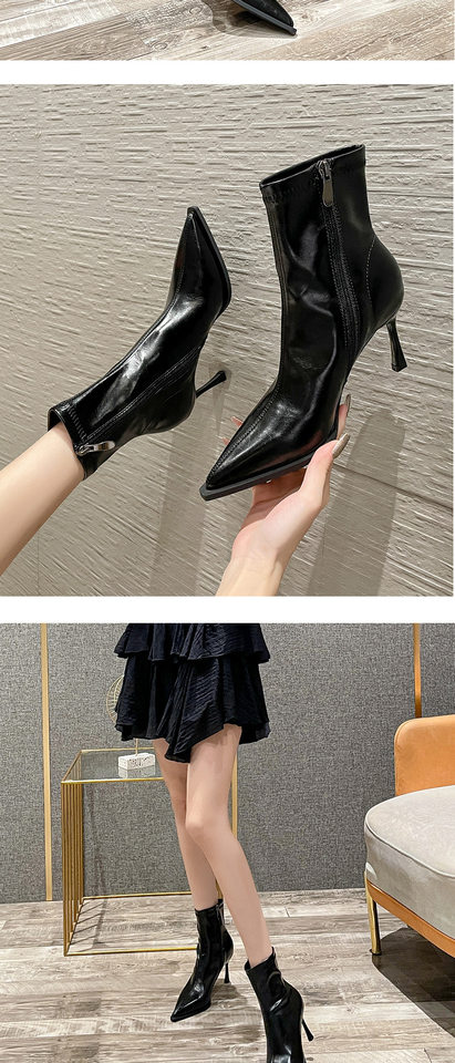 Bốt nữ ngắn mũi nhọn co giãn gót nhọn 6–8 cm, khóa kéo bên, lót nhung — Lớp lót nhung đen JH, Màu nâu lót nhung, Màu đen lót nhung, JH da đen chi tiết 7