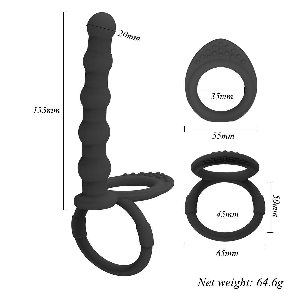 Silicone Anal Beads with Locking Ring, Black Double-Ring Design for Adults — detail image 1