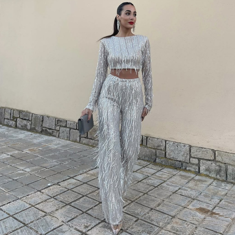 Cross-border European and American Fashion Women's Clothing Amazon Stand-alone Sequin Tassel Top Wide Leg Pants Party Dress suit Women