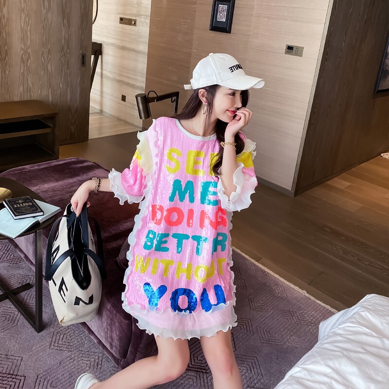 In-Stock 2026 Short-Sleeve T-Shirt for Women, Trendy Brand, Summer Ins Korean Style, Loose Fit, Sequin Half-Sleeve, Unique Design, Niche Style