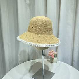 法式珍珠花边拉菲草草帽女夏季优雅渔夫帽海边度假防晒遮阳太阳帽