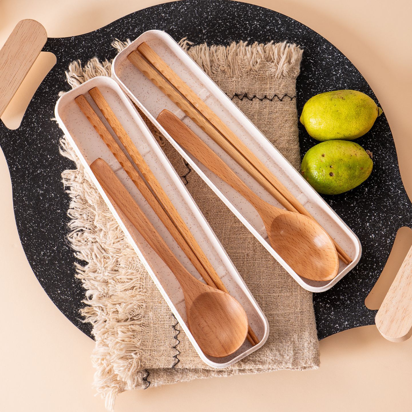 Almuerzo de cuello blanco de estilo simple, caja de almacenamiento portátil, cuchara de madera, palillos de madera, viaje de estudiante al aire libre, traje de cuchara, palillos y tenedor