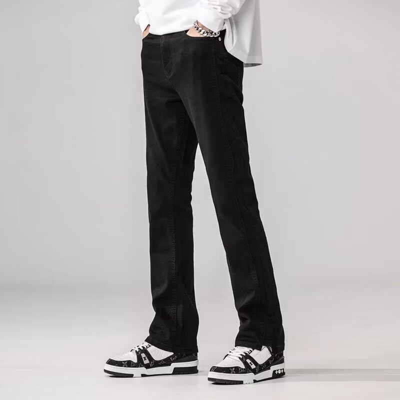 2024 Spring and Autumn New High Street Yellow Clay Scale Pantalones de trapeador de mezclilla elástica lavados de gran tamaño para hombres