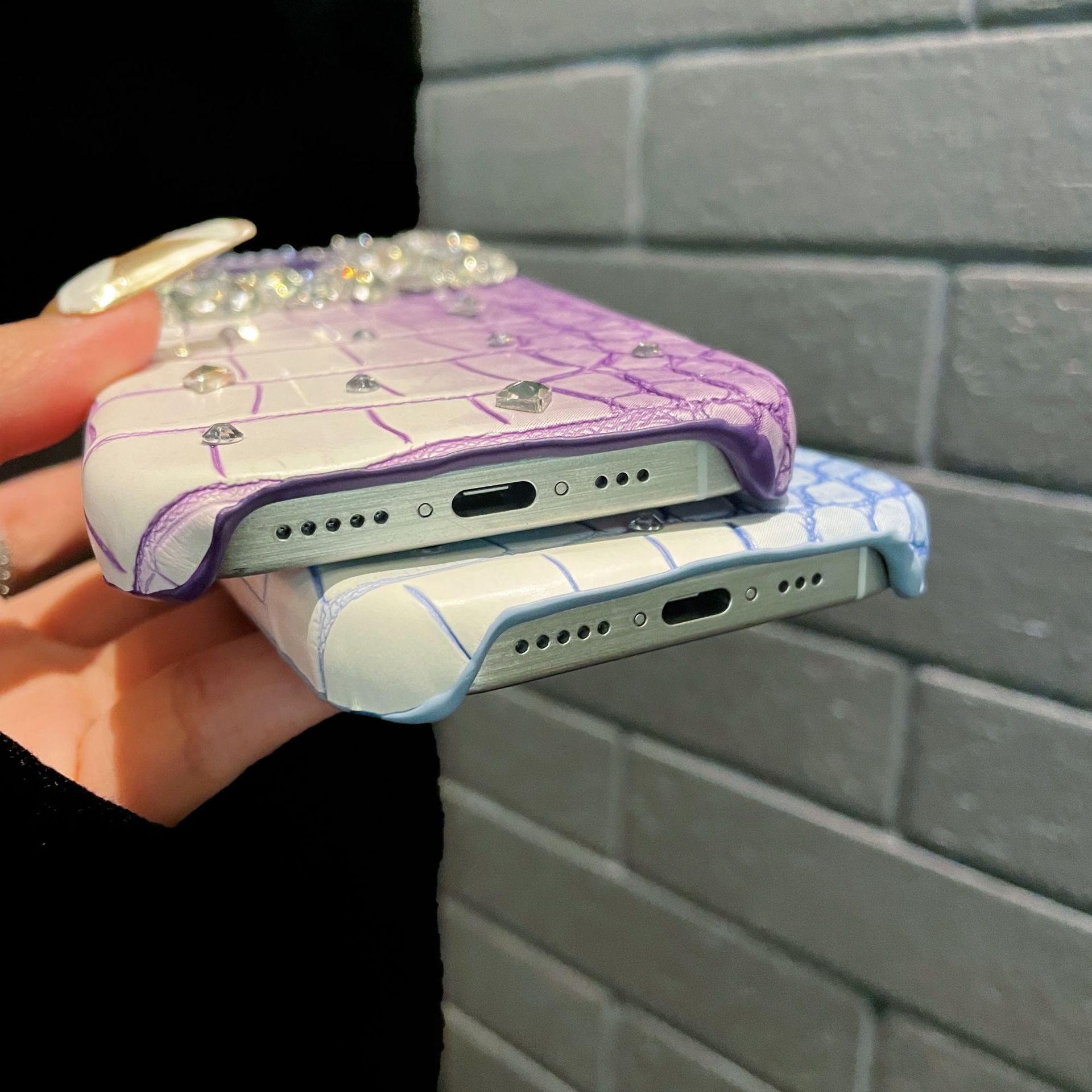 Ốp lưng điện thoại nửa cứng vân cá sấu pha lê lấp lánh cho iPhone 7-15 — Màu xanh quân đội kim cương lấp lánh, Hoa violet kim cương lấp lánh, Hồng lấp lánh, Xanh denim kim cương lấp lánh chi tiết 11