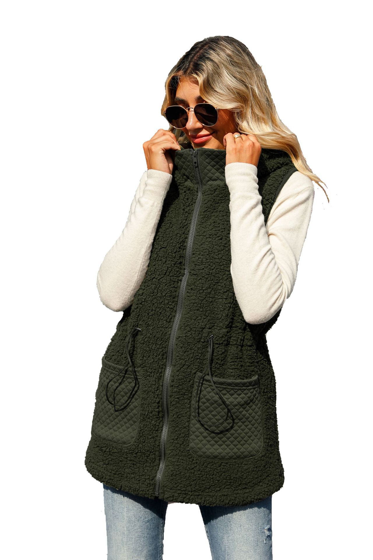 Damenbekleidung Herbst Damen Weste mit Kapuze, ärmellos, Reißverschluss, mittellang, einfarbig, verstellbare Taille, Blasensamt_voghion.com