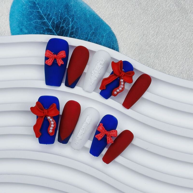 Handmade Wearable Nails Red Blue Snow White Princess Disney 3D Bow Cosplay Christmas Halloween Sweet Fake Nails Handmade Wearable Nails Red Blue Snow White Princess Disney 3D Bow Cosplay Christmas Halloween Sweet Fake Nails