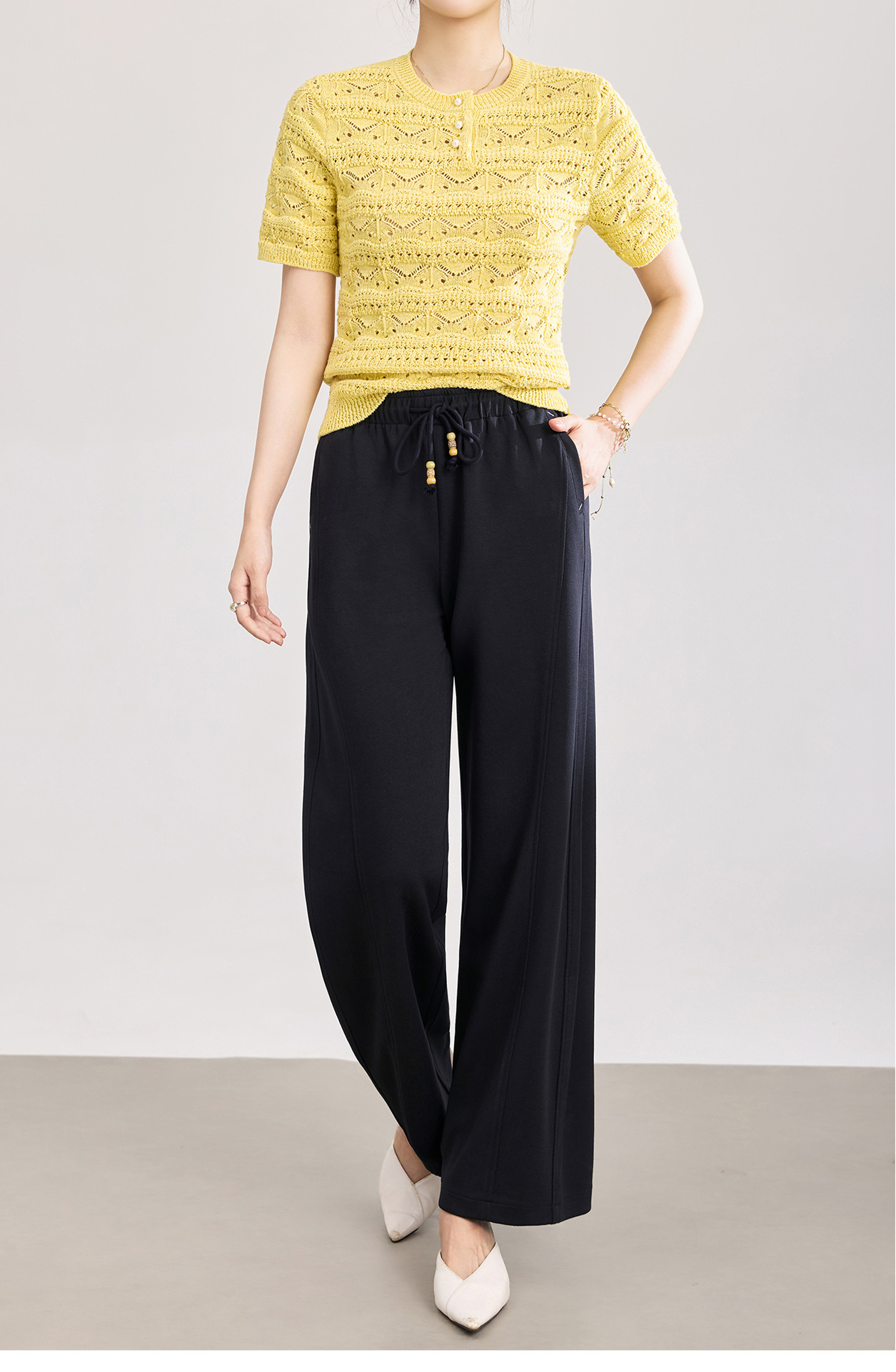 Quần culottes nữ ống rộng cạp thun dây rút vải mềm rủ — màu sắc chi tiết 10