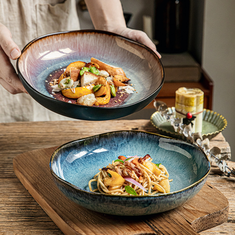 Yunmeng 9 pulgadas irregulares profundos retro lujo ligero platos de ensalada caseros platos de cerámica exportación transfronteriza