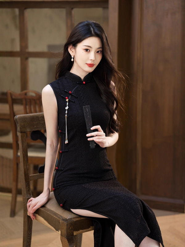 唐依恋黑色复古新中式无袖旗袍女2025秋季新款日常气质素雅年轻款|undefined