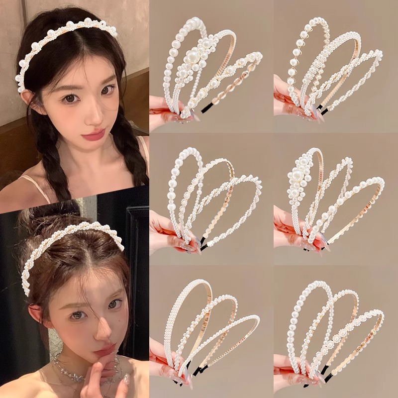 korean fashion pearl headband 2025 new high skull top hairpin high sense light luxury headband broken hair organize fantastic