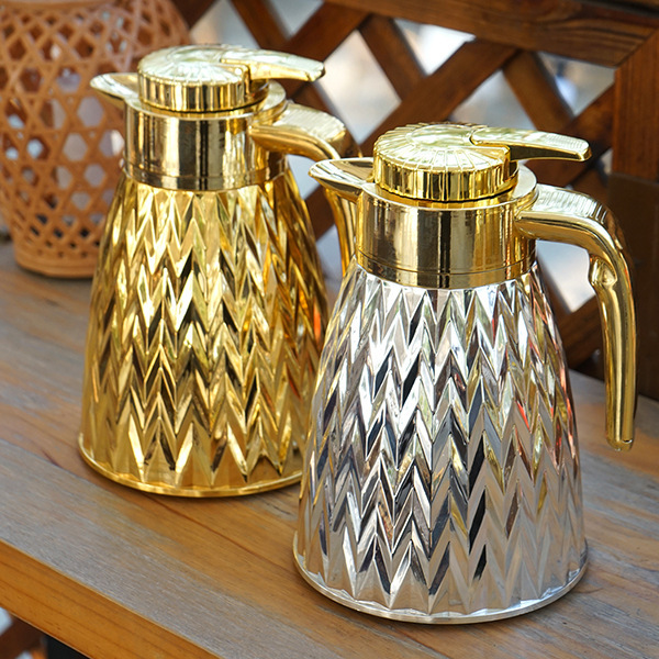 Arabic Decorative Pattern Electroplated Plastic Large Capacity 1L Glass Inner Capsule Coffee and Tea Thermos
