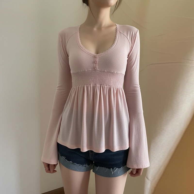 Gentle and Sweet Style, Deep V-Neck Long-Sleeved T-Shirt, Stylish Design, Elastic High-Waisted A-Line Loose Top, Comfortable and Casual Women's Clothing Gentle and Sweet Style, Deep V-Neck Long-Sleeved T-Shirt, Stylish Design, Elastic High-Waisted A-Line Loose Top, Comfortable and Casual Women's Clothing