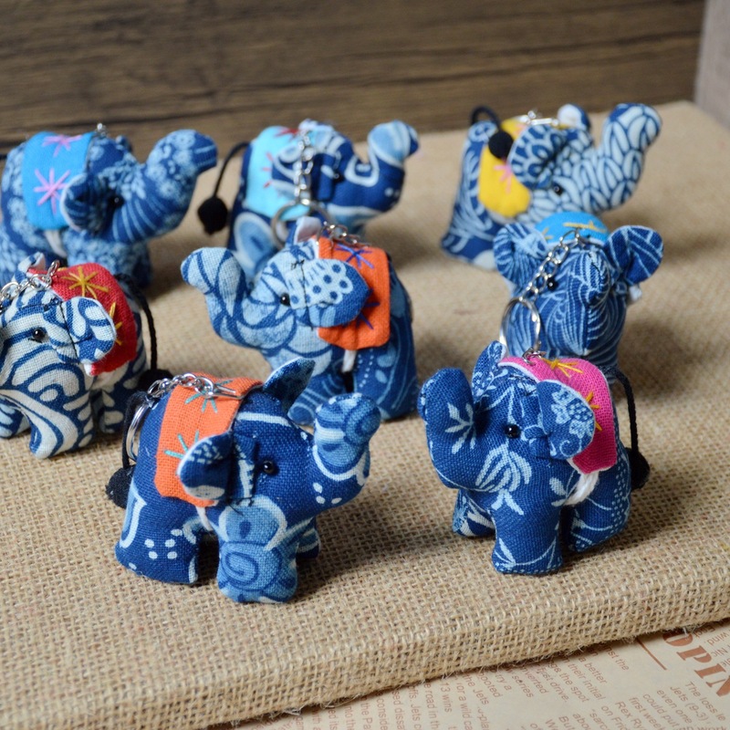 Yunnan Xishuangbanna Ethnic Style Tie-Dye Fabric Elephant Keychain Lijiang Elephant Thai Pendant Hand-Printed and Dyed