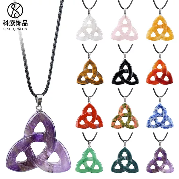 Cross-border natural semi-precious stone Irish Celtic knot pendant ins-style hollow crystal agate triangle necklace