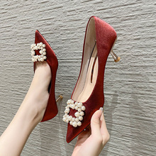 628-32韓版紅色新娘婚鞋尖頭細跟淺口時尚名媛風伴娘女高跟單鞋子