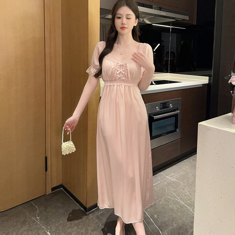 Ice Silk Pajamas for Women, High-End New Style Long Dress with Breast Pads, French Palace Style Lace, Summer Short-Sleeved Home Wear