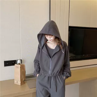 844#休闲运动套装女2026新款春秋宽松卫衣外套长款束脚卫裤三件套