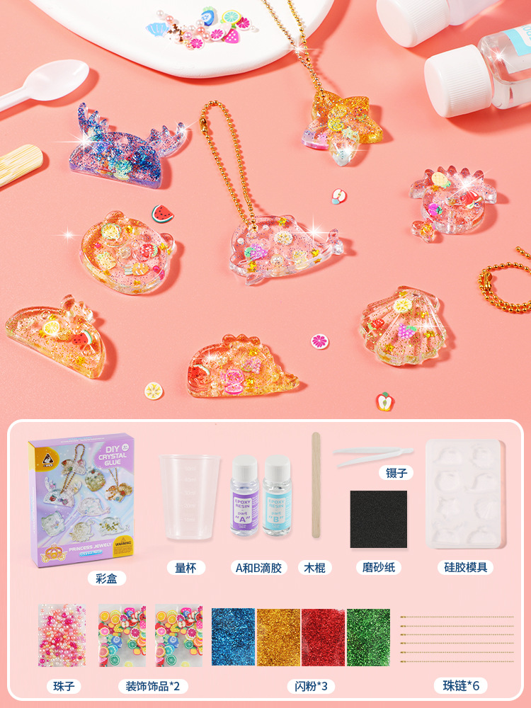 Accesorios de epoxi de cristal de bricolaje hechos a mano para niños, paquete de material, pintura de pegamento sin hornear, mochila, accesorios colgantes, juguetes de juego