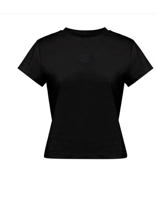 Áo thun nữ cổ tròn cotton thêu hoa hồng tay ngắn — Màu đen ngọt ngào