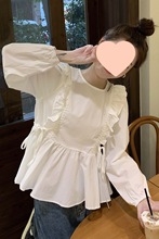 韩版长袖衬衫甜美系木耳边秋季白色衬衫娃娃衫可爱女生花边上衣
