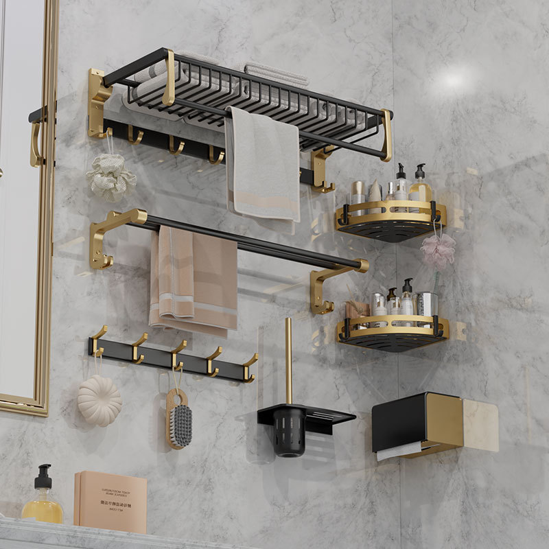 No-Drill Space Aluminum Storage Towel Rack Bathroom Toilet Hardware Accessories Set Mesh Basket Towel Rack