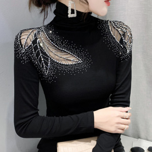 Leaf Hot Diamond Shoulder Leakage Cotton Yarn Bottom Small Shirt Black Heavy Industry