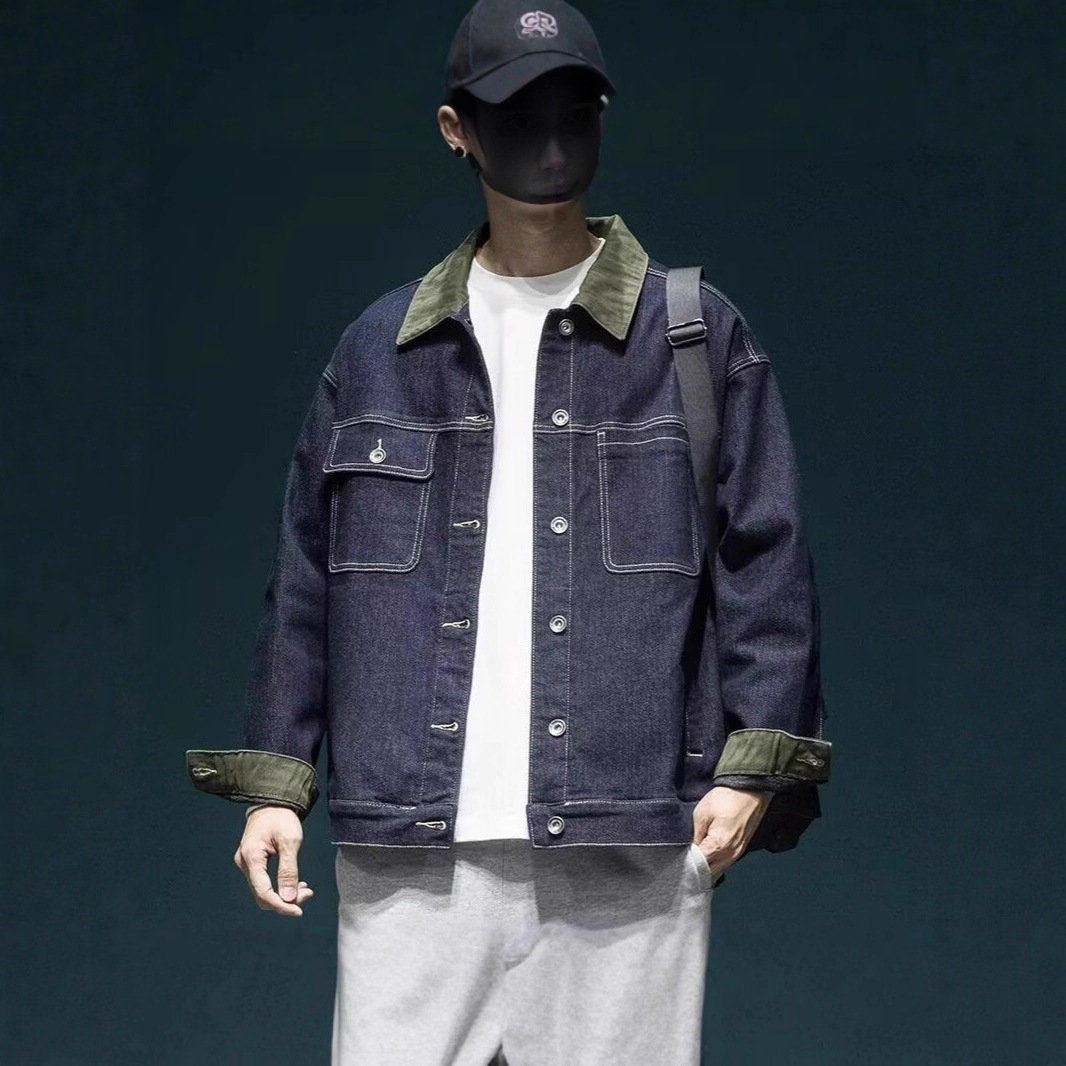 Retro-Jeansjacke in Dunkelblau, Herren, trendige Marke, lockere Passform, lässige Arbeitsjacke in Übergröße_voghion.com