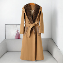 2025年新款水貂毛领连帽浴袍长款羊绒大衣厚秋冬鹅绒服女羊毛外套