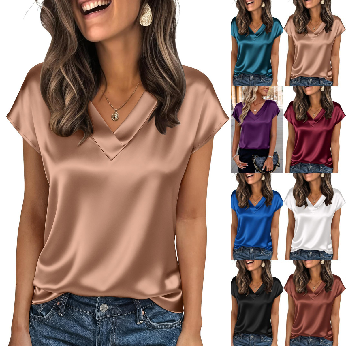 20色2026夏季wish亚马逊外贸缎面色丁V领衬衫领女士短袖上衣女装