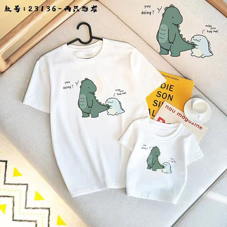 Семейные летние футболки из чесаного хлопка 180 г, новинка 2026 года, с круглым вырезом, с принтом в китайском стиле, из чистого хлопка, с коротким рукавом.