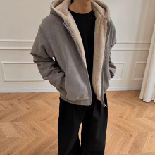 灰色扎染PU皮座山雕棉衣男款冬季复古加绒保暖仿兔毛连帽棉服外套