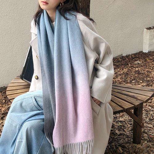 Gradient color pure wool scarf women's winter all-match tassel long double-sided color large shawl dual use  new style