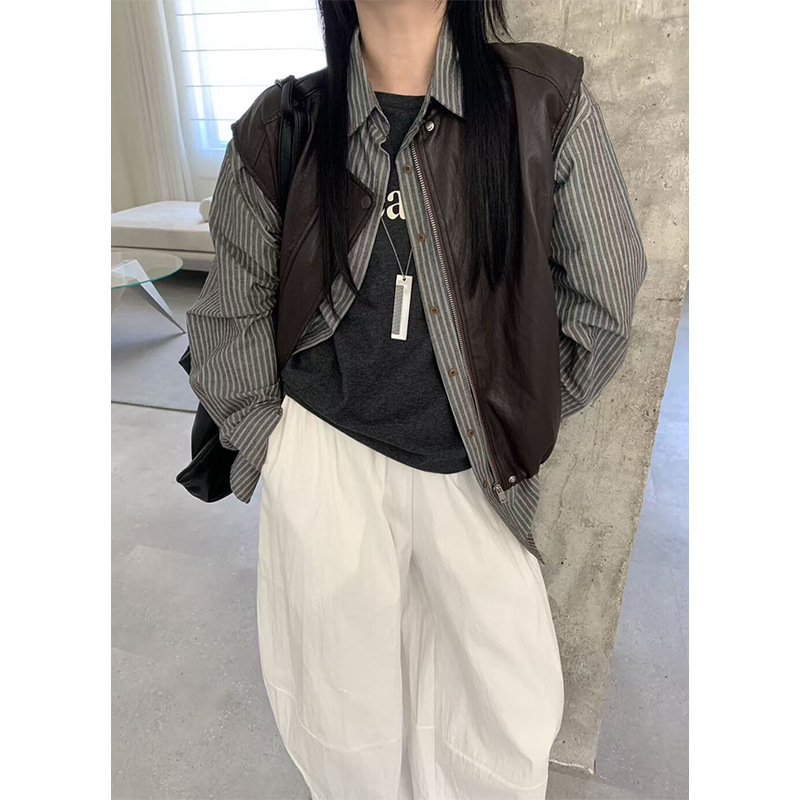 十三行2025秋新款港风复古皮衣马甲外套女装宽松圆领无袖坎肩上衣|undefined