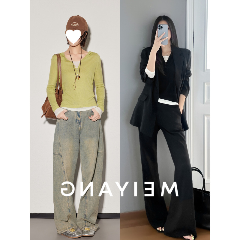 美洋MEIYANG 奶盖针织长袖 真丝莱赛尔拼色假两件水面膜帽衫-周二|undefined