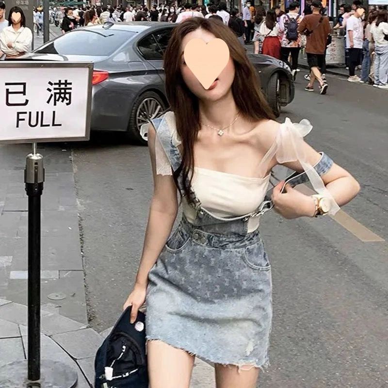 Coco Chenxi летний новый дизайн горит цветочный ремешок джинсовая юбка подтяжка топ из двух частей женский