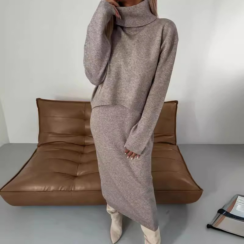 Robe pull automne-hiver col roulé longue deux pièces robe en maille unie_voghion.com