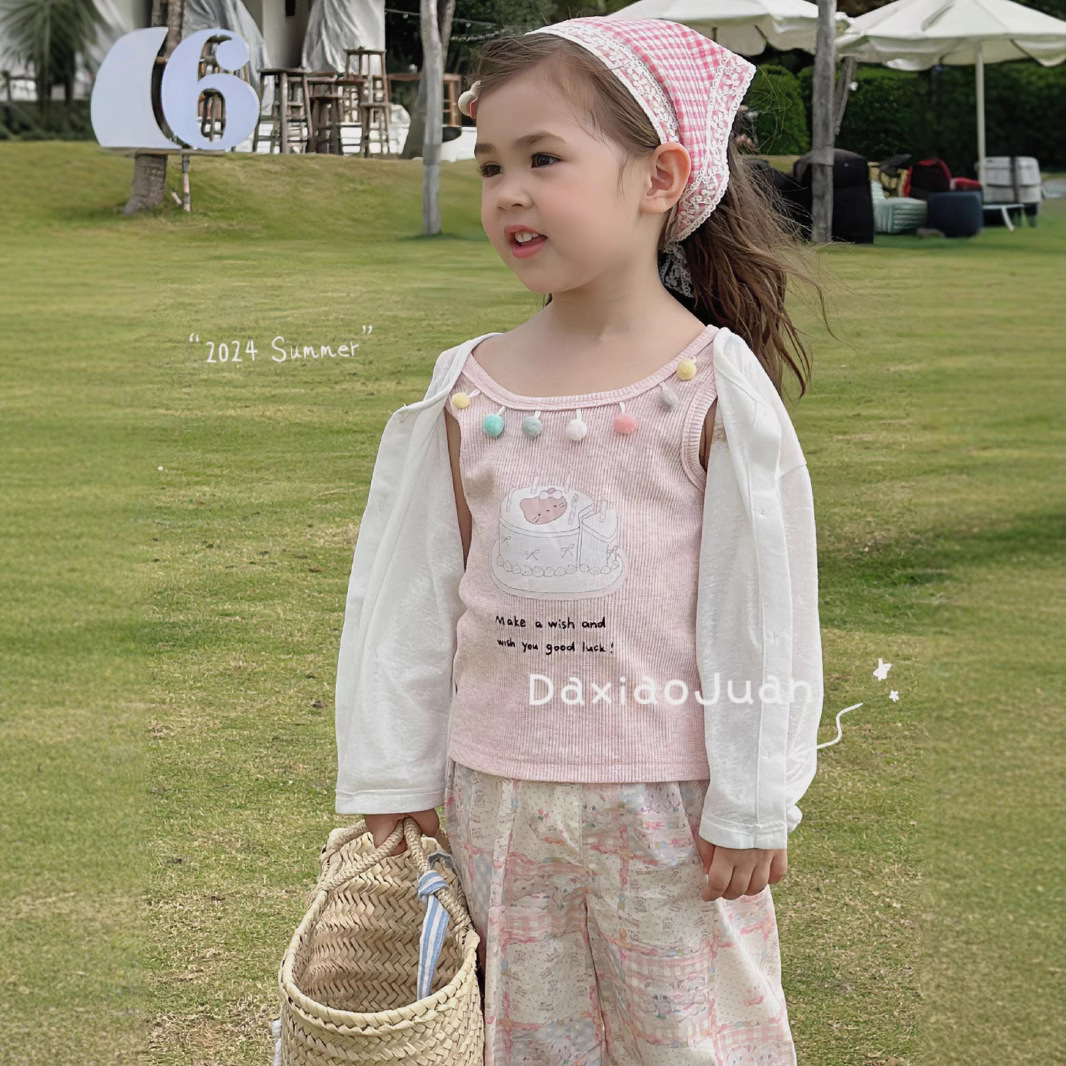 Big and Small Korean Style Children's Summer Dress 2024 Children's Ruffled Cartoon Cute Sleeveless Girl's Backless Top Korean Version Top
