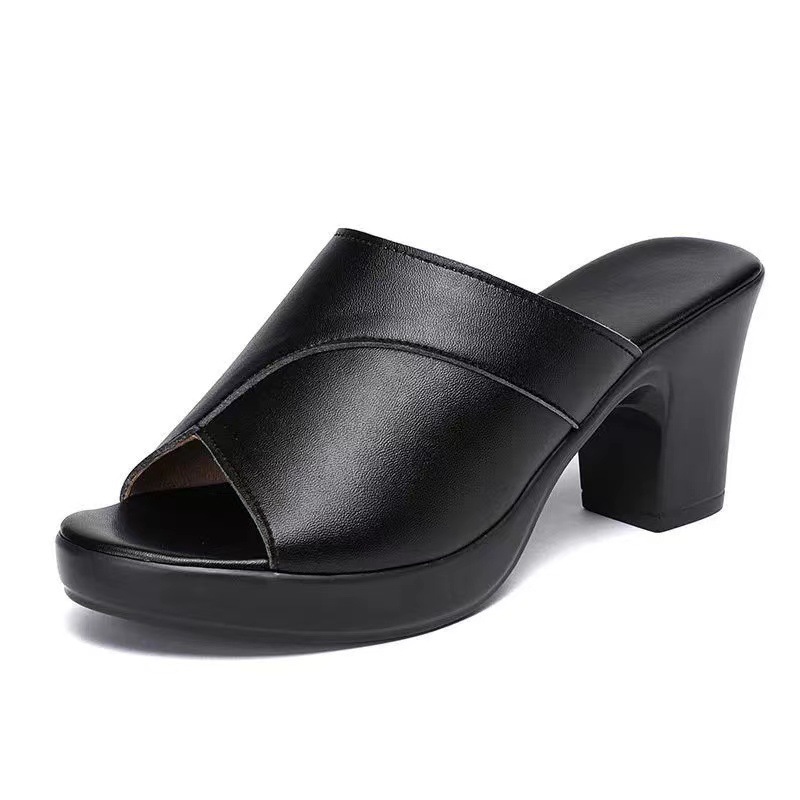 Zapatillas de tacón alto para mujeres verano 2026 nuevos tacones gruesos de cuero suave fondo antideslizante fondo grueso boca de pez zapatillas frías para mujeres vestimenta exterior francesa image 6