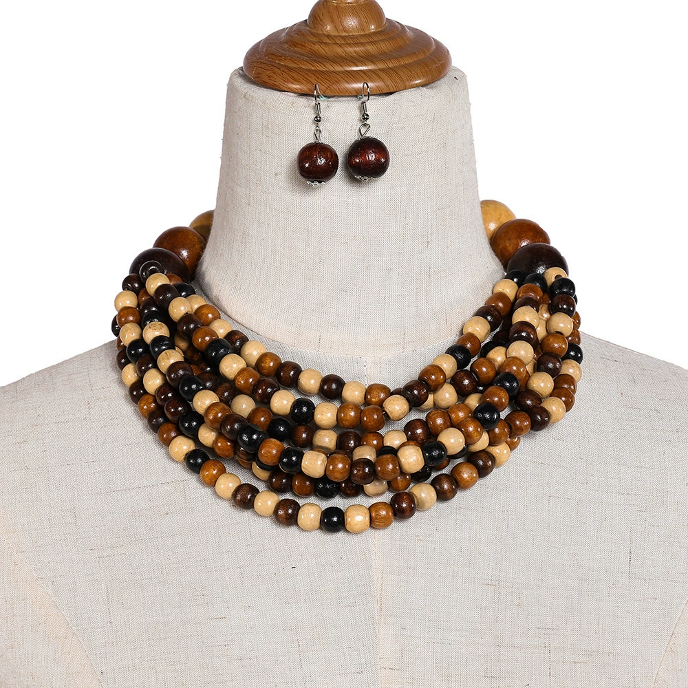 Ethnic wooden necklace, chain, set, accessory, ethnic style