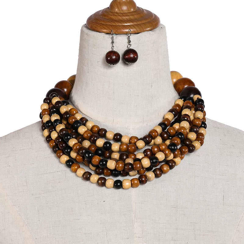Ethnic wooden necklace, chain, set, accessory, ethnic style
