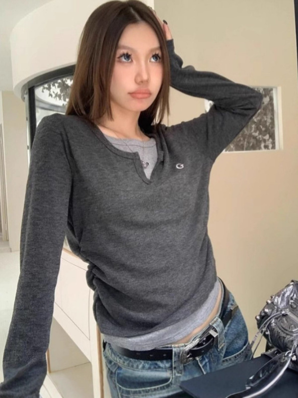 外贸新款假两件褶皱设计长袖T恤女秋冬时尚修身百搭打底上衣女T潮|undefined